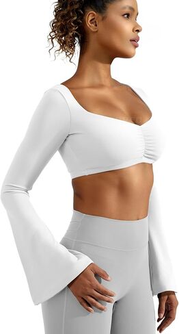 YEOREO Kyla Women Crop Top Long Flare Sleeve Padded Sports Low Medium Impact Yoga Shirt Workout in Saudi Arabia