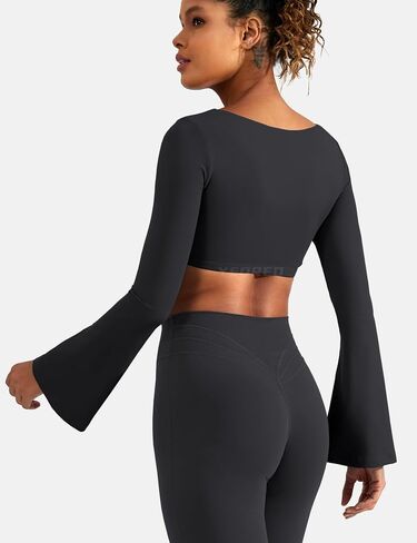 YEOREO Kyla Women Crop Top Long Flare Sleeve Padded Sports Low Medium Impact Yoga Shirt Workout in Saudi Arabia