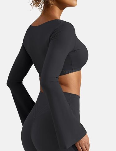 YEOREO Kyla Women Crop Top Long Flare Sleeve Padded Sports Low Medium Impact Yoga Shirt Workout in Saudi Arabia