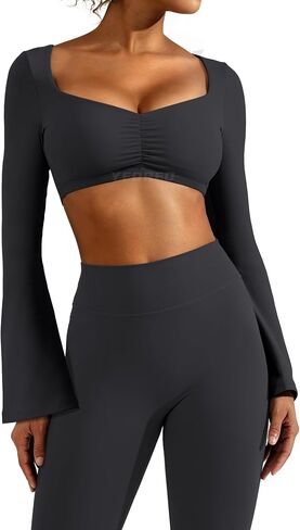 YEOREO Kyla Women Crop Top Long Flare Sleeve Padded Sports Low Medium Impact Yoga Shirt Workout in Saudi Arabia