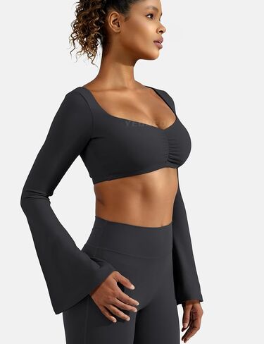 YEOREO Kyla Women Crop Top Long Flare Sleeve Padded Sports Low Medium Impact Yoga Shirt Workout in Saudi Arabia