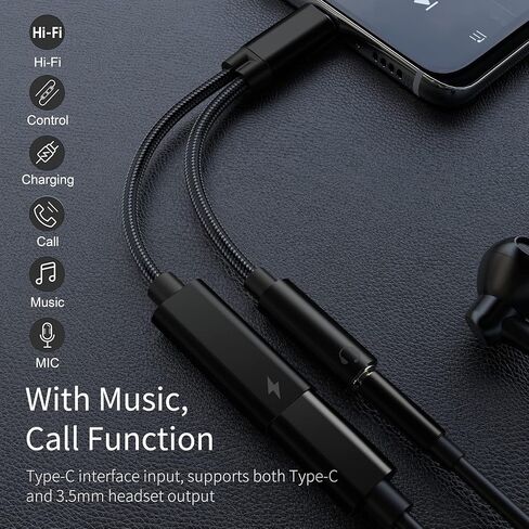 محول سماعة رأس وشاحن من النوع C إلى 3.5 ملم، 2 في 1 USB C إلى Aux Audio Jack Hi-Res DAC مع كابل دونغل للشحن السريع PD 60W متوافق مع Pixel 4 3 XL وGalaxy S21 S20 S20+ Plus Note 20 (أسود) in Kuwait