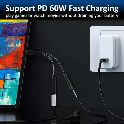 محول سماعة رأس وشاحن من النوع C إلى 3.5 ملم، 2 في 1 USB C إلى Aux Audio Jack Hi-Res DAC مع كابل دونغل للشحن السريع PD 60W متوافق مع Pixel 4 3 XL وGalaxy S21 S20 S20+ Plus Note 20 (أسود) in Kuwait