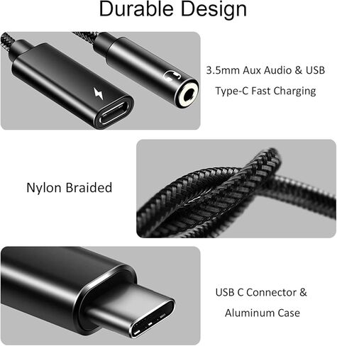 محول سماعة رأس وشاحن من النوع C إلى 3.5 ملم، 2 في 1 USB C إلى Aux Audio Jack Hi-Res DAC مع كابل دونغل للشحن السريع PD 60W متوافق مع Pixel 4 3 XL وGalaxy S21 S20 S20+ Plus Note 20 (أسود) in Kuwait