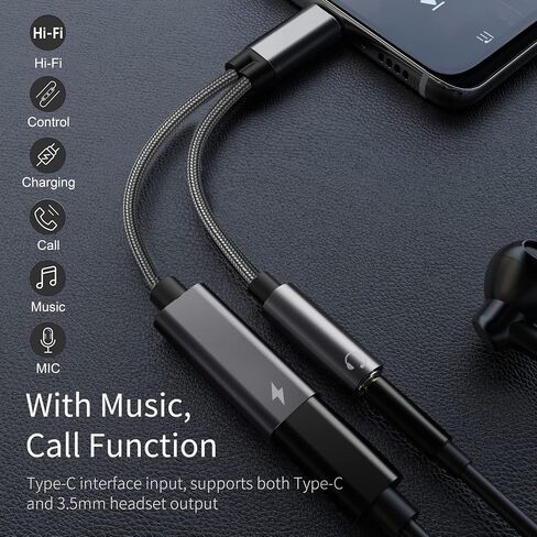Type C to 3.5mm Headphone and Charger Adapter, 2 in 1 USB C to Aux Audio Jack Hi-Res DAC with PD 60W Fast Charging Dongle Cable Compatible with Pixel 4 3 XL, Galaxy S21 S20 S20+ Plus Note 20 (Black) in Saudi Arabia