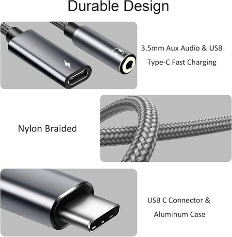 Type C to 3.5mm Headphone and Charger Adapter, 2 in 1 USB C to Aux Audio Jack Hi-Res DAC with PD 60W Fast Charging Dongle Cable Compatible with Pixel 4 3 XL, Galaxy S21 S20 S20+ Plus Note 20 (Black) in Saudi Arabia
