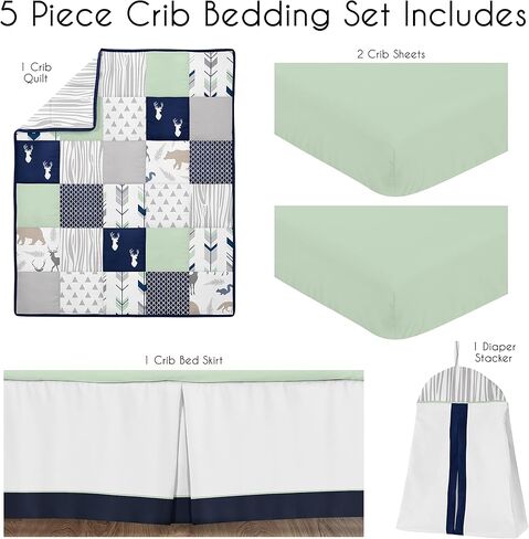 مجموعة مفروشات سرير الأطفال من Sweet Jojo Designs باللون الأزرق الداكن من Woodland Deer Boy لحاف غرفة حضانة الأطفال الرضع، ملاءة جاهزة، تنورة، مكدس الحفاضات - 5 قطع - سهم الغابة الخشبي باللون الأخضر النعناعي والرمادي in Saudi Arabia
