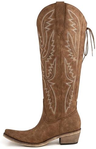 Atuelang Western Cowboy Boots for Women Knee High Wide Calf Lace Up Embroidered Cowgirl Boots in Saudi Arabia