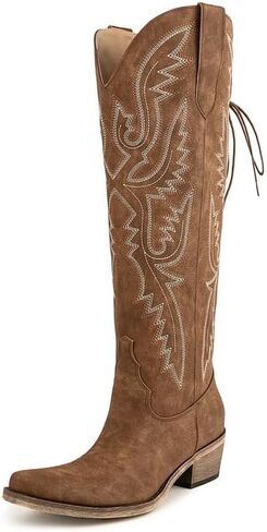 Atuelang Western Cowboy Boots for Women Knee High Wide Calf Lace Up Embroidered Cowgirl Boots in Saudi Arabia