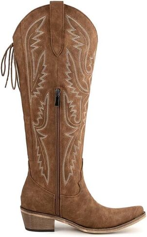 Atuelang Western Cowboy Boots for Women Knee High Wide Calf Lace Up Embroidered Cowgirl Boots in Saudi Arabia