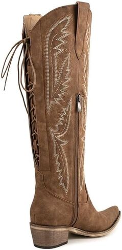 Atuelang Western Cowboy Boots for Women Knee High Wide Calf Lace Up Embroidered Cowgirl Boots in Saudi Arabia