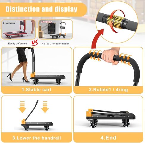 Dolly Cart, Platform Truck Push Cart with 770 Lbs Capacity, Silent Wheels, One-Handed Folding, Large Flat Hand Truck Trolley for Moving Shopping Storage (L) in Kuwait