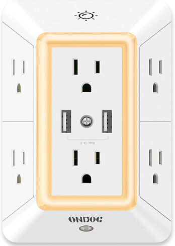 منافذ توصيل متعددة، موسعات منافذ، واقي زيادة التيار من ONDOG مع موسع 6 منافذ ومنفذي USB وإضاءة ليلية، شريط طاقة ثلاثي الجوانب مع منافذ محول متباعدة - أبيض، مدرج في قائمة ETL in Kuwait