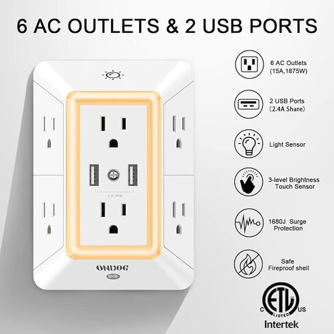 منافذ توصيل متعددة، موسعات منافذ، واقي زيادة التيار من ONDOG مع موسع 6 منافذ ومنفذي USB وإضاءة ليلية، شريط طاقة ثلاثي الجوانب مع منافذ محول متباعدة - أبيض، مدرج في قائمة ETL in Kuwait