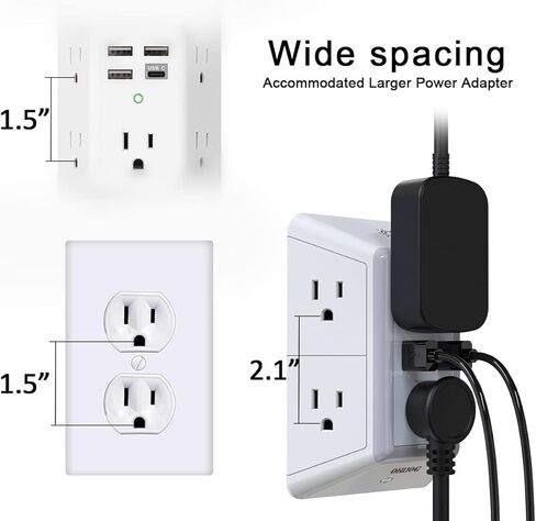 منافذ توصيل متعددة، موسعات منافذ، واقي زيادة التيار من ONDOG مع موسع 6 منافذ ومنفذي USB وإضاءة ليلية، شريط طاقة ثلاثي الجوانب مع منافذ محول متباعدة - أبيض، مدرج في قائمة ETL in Kuwait