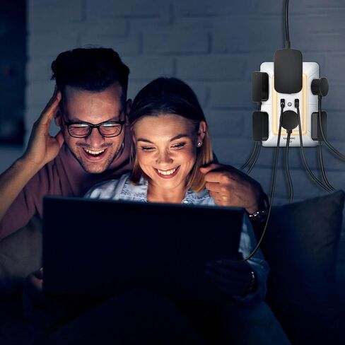 منافذ توصيل متعددة، موسعات منافذ، واقي زيادة التيار من ONDOG مع موسع 6 منافذ ومنفذي USB وإضاءة ليلية، شريط طاقة ثلاثي الجوانب مع منافذ محول متباعدة - أبيض، مدرج في قائمة ETL in Kuwait
