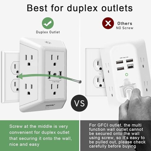 منافذ توصيل متعددة، موسعات منافذ، واقي زيادة التيار من ONDOG مع موسع 6 منافذ ومنفذي USB وإضاءة ليلية، شريط طاقة ثلاثي الجوانب مع منافذ محول متباعدة - أبيض، مدرج في قائمة ETL in Kuwait