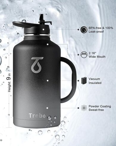 Trebo 40oz Water Bottle Insulated with Handle, Stainless Steel Metal Large Jug,Travel Flask with Straw Spout Lid,Mug Tumbler Cup with Carry Pouch,Keep Cold Hot, Indigo Black in Saudi Arabia
