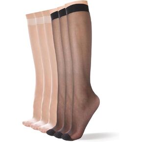 Women's Everyday Sheer Knee High Pantyhose - 6 Pairs 20D Nylon Stockings with Reinforced Toe