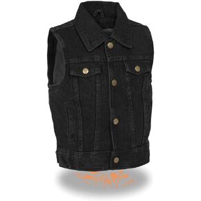 Milwaukee Leather MDK3910 Black Unisex-Child Kids Denim Snap Front Vest with Shirt Style Collar