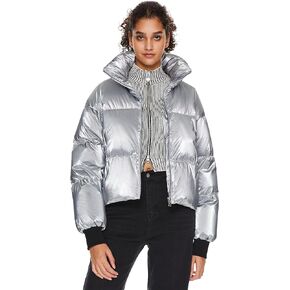 Orolay Shiny Cropped Winter Puffer Jacket for Women Metallic Quilted Down Coat Zip Up