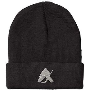 Hockey Goalie Embroidery Embroidered Beanie Skull Cap Hat Black