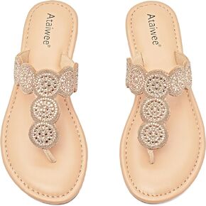 Ataiwee Women's Flat Slide Sandals - Casual Bling Bohemian Thong Slip on Summer Flat Sandals.