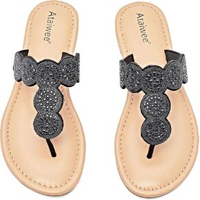 Ataiwee Women's Bohemian Bling Dressy Thong Flat Slide Sandals | Sparkly Flip Flops，Rhinestone T-Strap ,Lightweight Soft Memory foam Comfort for Daily Casual Wear in Kuwait