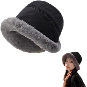 Extraordal Plus Velvet Thickened Fisherman Hat Women Winter Plush Bucket Hat Warm Solid Color Faux Fur Fisherman Cap