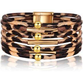 Zaycca Leopard Print Beaded Stackable Leather Bracelet for Women Girls