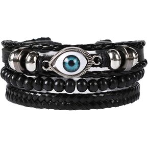 Caiyao 3-5Pcs Lucky Layered Stacking PU Leather Evil Eye Wood Beads Bracelet Bangle Handmade Adjustable Ethnic Braide Wristband Wrap for Women Men Boy Girl Protection Amulet Jewelry Gift