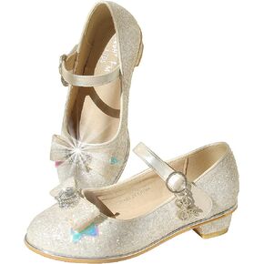 EIGHT KM Girls High Heel Dress Shoes Mary Jane Princess Wedding Party Pump Shoes EKM7018 Sparkle Glittery Bow Aphrodite White Size 2 US Little Kid