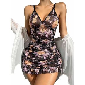 COZYEASE Women's Chemise Nightgown Floral Ruched Ruffle Hem Mesh Teddy Babydoll Lingerie Nightgown Soft Sleepwear