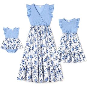 IFFEI Mommy and Me Dresses Outfits Family Matching Dots Pink Ruffle Flutter-Sleeve Dress for Mother and Daughter