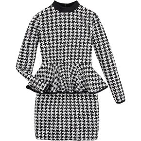 WDIRARA Girl's Houndstooth All Over Printed Ruffle Hem Mock Neck Long Sleeve Mini Dress