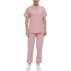 طقم Agile Motion Scrubs للنساء، قميص علوي أنيق بياقة ماندرين وسروال رياضي، 8 جيوب زي طبي مطاطي
