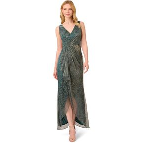 Adrianna Papell Women's Metallic Mesh Cascade Gown