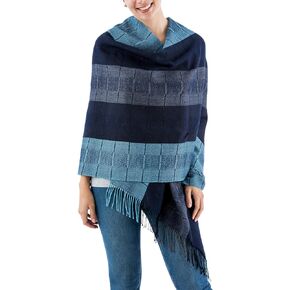 NOVICA Artisan Handmade Alpaca Shawl Pashmina Large Scarf Wool Blue Peru Accessories Patterned 'Huancayo Blues'
