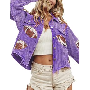 Womens Cropped Corduroy Jacket Game Day Rugby Football Sequin Patchwork Raw Hem Shacket Jacket