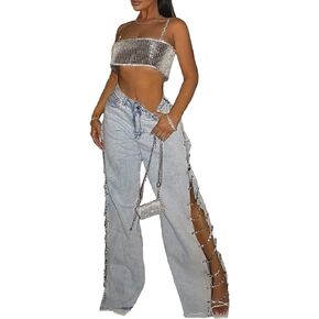 xxxiticat Women's Covered in Diamond Lace Up Jeans High Rise Wide Leg Rhinestone Bandage Fringe Hem Split Denim Trouser