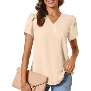 CATHY Womens Casual Summer Tops Dressy Petal Short Sleeve Chiffon Shirts Button Up V-Neck Tunic Blouses