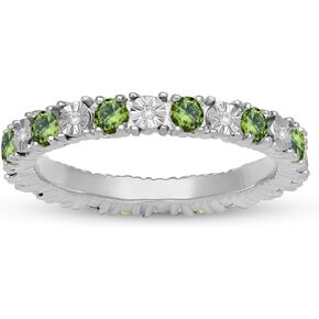 Jewelili Sterling Sliver 2.5 MM Peridot Cubic Zirconia and 1/20 Cttw Natural White Round Diamond Full Eternity Stackable Engagement Ring Size 7