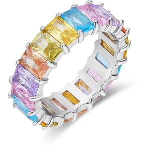 AFFY 18K White Gold Plated Emerald-Cut Multi Color AAA Created-Gemstone Eternity Ring Rainbow Ring Size-6 in Saudi Arabia