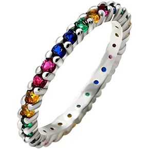 Eternity Rainbow Ring Wedding Band for Women 925 Sterling Silver Cubic Zirconia-Cut Rainbow Multi Color Created-Gemstone Eternity Ring