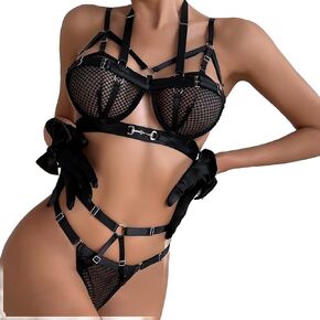 Bandage Transparent Fishing Net Mesh Lingerie Set Halter Two Piece Push Up Bra Wire