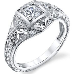 Metal Masters Co. Carved Sterling Silver Vintage Cubic Zirconia CZ Bridal & Engagement Ring Sizes 5 to 9