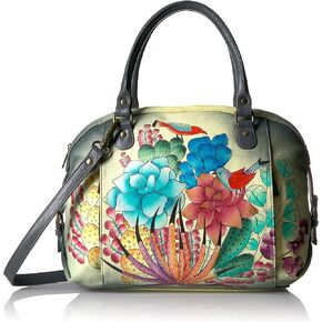 Anna by Anuschka, Handpainted Leather Zip Top Medium Satchel-succulent Dreams