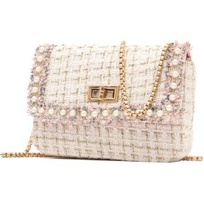 Qiayime المرأة الصغيرة اللؤلؤ محفظة وحقيبة يد مقبض علوي تويد مطرز سلسلة مساء حقيبة كتف مخلب حقيبة كروسبودي in Kuwait