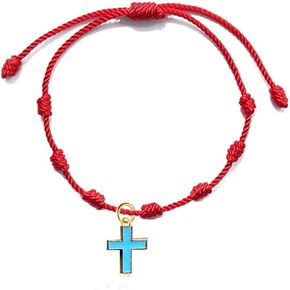 Small Dainty Cross Bracelet Enamel Cross Charm Bracelet Handmade Woven 7 Knots Cross Christian Bracelet for Women Girls Christmas Jewelry Gift