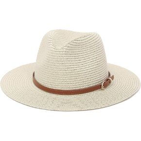 Straw Sun Hats for Women Men Panama Fedora Summer Hat with Leather Belt Wide Brim Beach Sun Jazz Cap